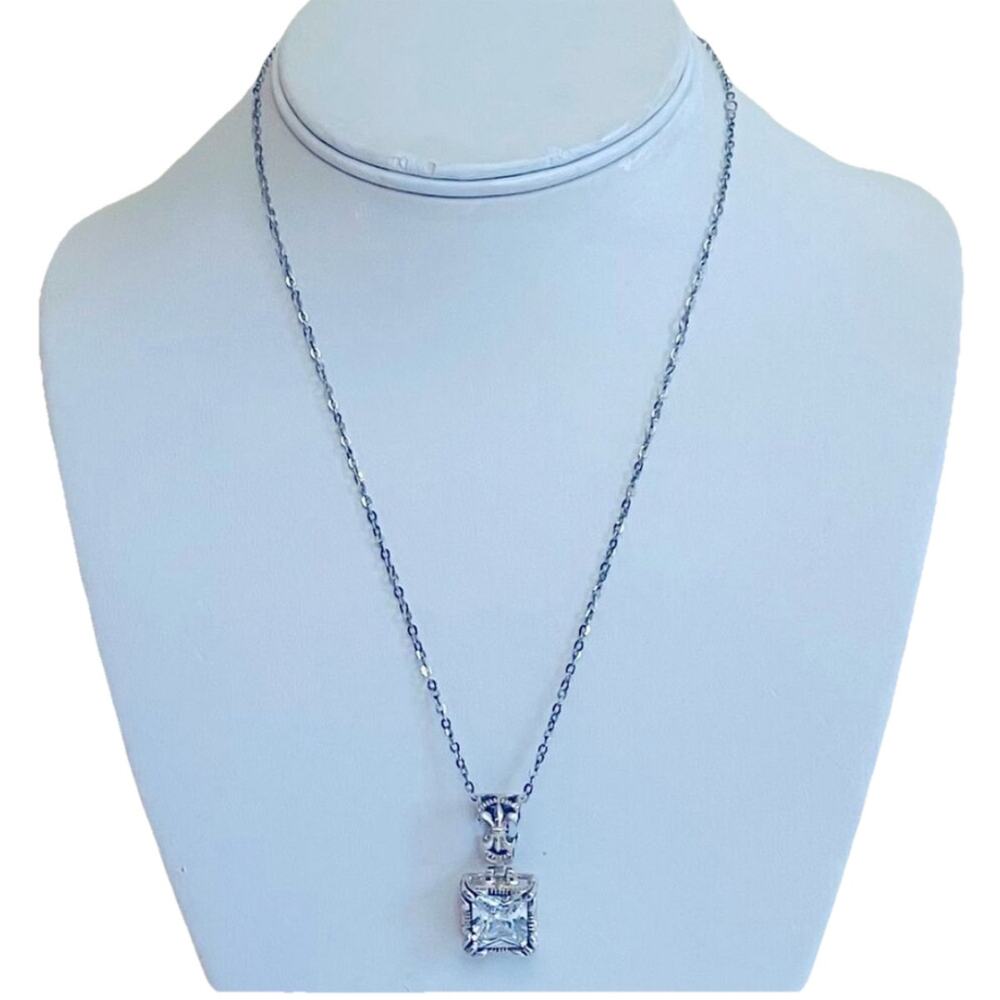 Silpada Necklace Pendant Sterling Silver Fleur De Lis CZ Chain Princess Cut